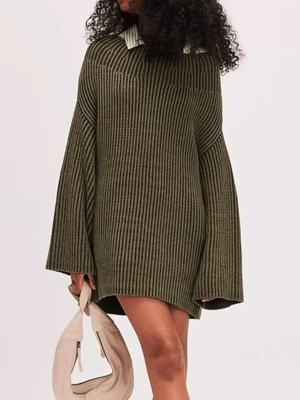 Free People Charlotte Tunic - Olive Green Ribbed Boat Neck Sweater